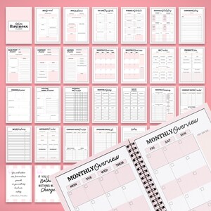 May include: A collection of printable planner pages for an online business, featuring a pink and white colour scheme. The set includes various templates like monthly overviews, content planners, ad trackers, and goal sheets, with a spiral-bound planner.