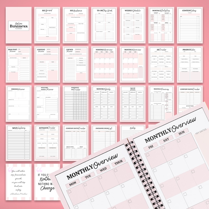 May include: A collection of printable planner pages for an online business, featuring a pink and white colour scheme. The set includes various templates like monthly overviews, content planners, ad trackers, and goal sheets, with a spiral-bound planner.