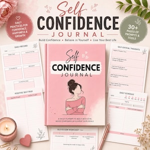 Diario guiado personalizable para el desarrollo de la autoconfianza y la autoestima, plantillas digitales imprimibles de Canva, diario de autocuidado para la salud mental.