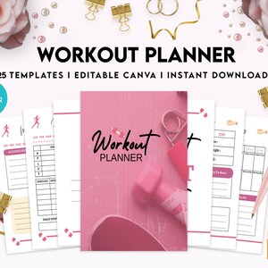 May include: A pink and white workout planner with the text "Workout Planner" and "+25 Templates | Editable Canva | Instant Download". The planner is on a pink wooden surface with a dumbbell and a measuring tape.