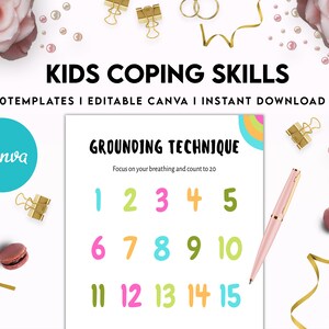 May include: A printable worksheet with the title "Grounding Technique" and instructions to focus on breathing and count to 20. The numbers 1 through 15 are displayed in colorful, handwritten font.