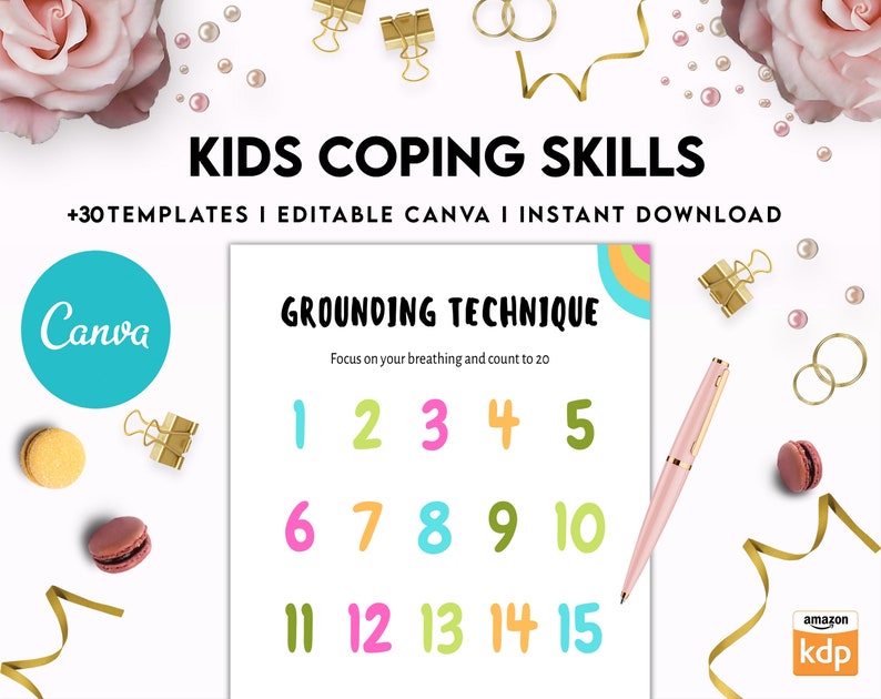 May include: A printable worksheet with the title "Grounding Technique" and instructions to focus on breathing and count to 20. The numbers 1 through 15 are displayed in colorful, handwritten font.