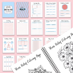 May include: A printable mental health journal with a pink and blue striped cover. The journal includes pages for tracking food, self-care, symptoms, challenging thoughts, positive experiences, breathing techniques, self-esteem, sleep, daily journaling, annual goals, and monthly planning. The journal also includes a stress relief coloring page with a mandala and floral designs.