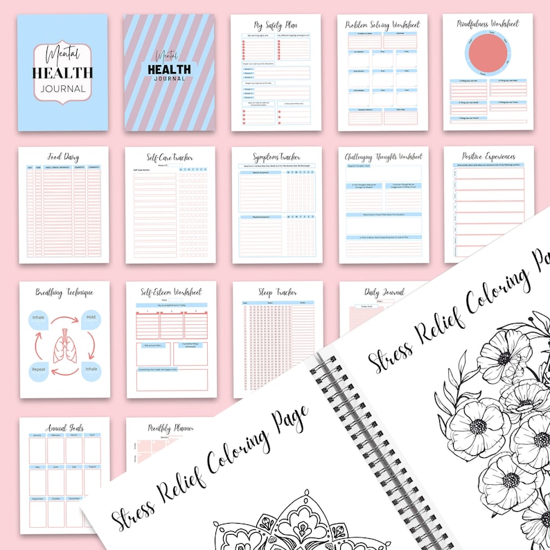 May include: A printable mental health journal with a pink and blue striped cover. The journal includes pages for tracking food, self-care, symptoms, challenging thoughts, positive experiences, breathing techniques, self-esteem, sleep, daily journaling, annual goals, and monthly planning. The journal also includes a stress relief coloring page with a mandala and floral designs.