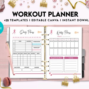 May include: A pink and white workout planner with the text "WORKOUT PLANNER +25 TEMPLATES I EDITABLE CANVA I INSTANT DOWNLOAD" on the cover. The planner includes a daily fitness log and a weekly fitness log.