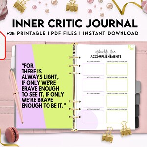 May include: A pink and green printable journal with the title "Inner Critic Journal" and the text "Acknowledge Your Accomplishments". The journal has sections for listing accomplishments and obstacles overcome.