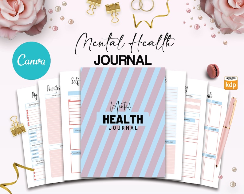 May include: A pink and blue striped journal cover with the text "Mental Health Journal". The journal is designed for self-reflection and includes pages for journaling, goal setting, and affirmations.