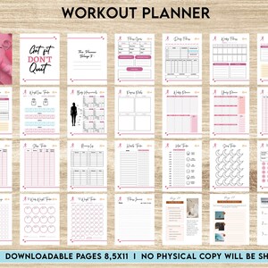 Peut inclure: Un planificateur d'entraînement imprimable avec des accents roses. La couverture présente une silhouette de coureur rose et le texte "Workout Planner" et "Get fit Don't Quit". Le planificateur comprend des pages pour les objectifs de remise en forme, la forme physique quotidienne, la forme physique hebdomadaire, les mesures corporelles, les photos de progression, le suivi du rythme cardiaque, le suivi du sommeil, le défi de 30 jours, et plus encore.