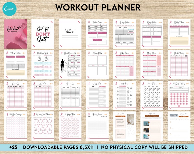May include: A printable workout planner with pink accents. The cover features a pink running figure and the text "Workout Planner" and "Get fit Don't Quit". The planner includes pages for fitness goals, daily fitness, weekly fitness, body measurements, progress photos, heart rate tracker, sleep tracker, 30-day challenge, and more.