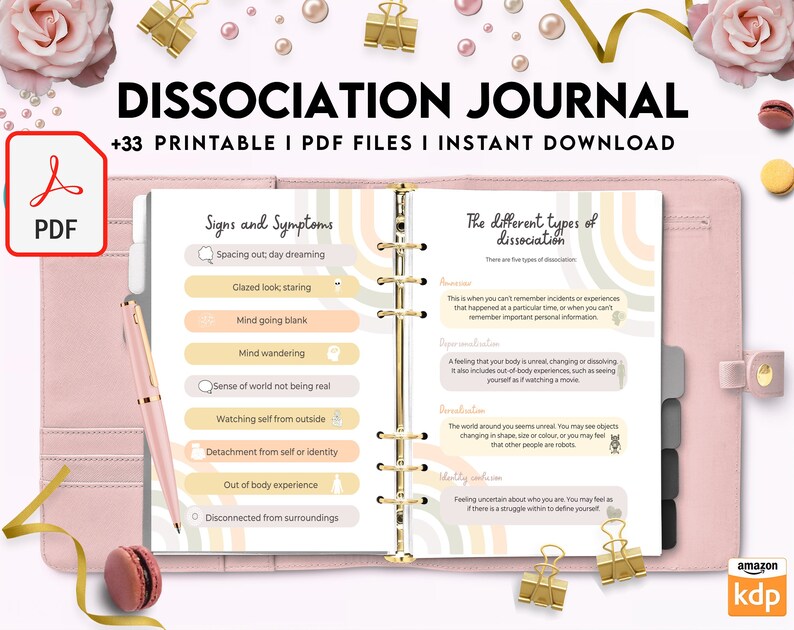 K&ouml;nnte beinhalten: Ein rosa-goldenes druckbares Journal mit dem Titel "Dissociation Journal" und dem Text "+33 Printable I PDF Files I Instant Download". Das Journal enth&auml;lt eine Liste von Anzeichen und Symptomen der Dissoziation sowie eine Liste verschiedener Arten der Dissoziation.
