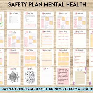 May include: A printable safety plan for mental health with 26 pages. The pages are designed with a pink and yellow color scheme and include sections for coping skills, goal setting, and problem solving. The text "Safety Plan Mental Health" is at the top of the page.