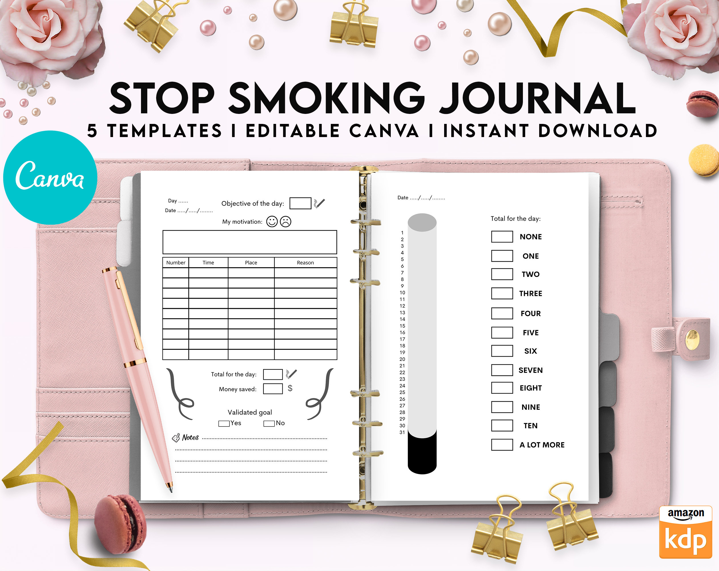 Stop Smoking Tracker Journal 5 Editable Canva Templates for Etsy