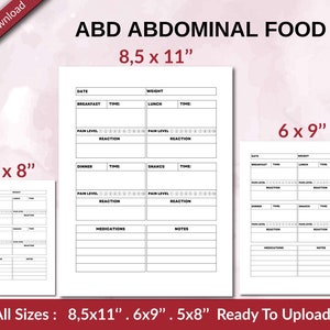 Puede incluir: Descarga digital imprimible de tres tamaños diferentes de un diario de alimentos para realizar un seguimiento de las comidas, los niveles de dolor y las reacciones. Los tamaños son 8,5 x 11 pulgadas, 6 x 9 pulgadas y 5 x 8 pulgadas.