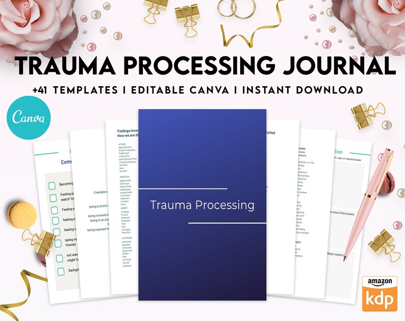 Trauma Processing Journal , Trauma therapy, PTSD worksheets, emotion list, Therapy Journal, Counseling, Editable Canva templates image 3