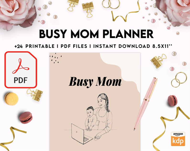 Puede incluir: Un planificador imprimible para madres ocupadas con un dibujo lineal de una madre y un ni&ntilde;o trabajando en una computadora port&aacute;til. El planificador est&aacute; disponible como descarga digital e incluye 24 p&aacute;ginas. El texto "Busy Mom Planner" est&aacute; en la parte superior de la imagen. El texto "+24 Printable I PDF Files I Instant Download 8.5x11" est&aacute; debajo del t&iacute;tulo. El texto "Busy Mom" est&aacute; en el centro de la imagen.