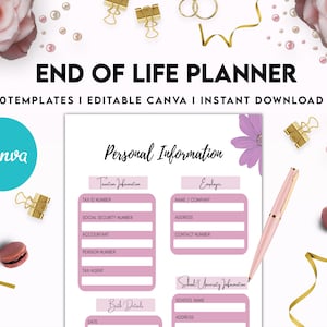 Puede incluir: Un planificador de fin de vida imprimible rosa y blanco con un dise&ntilde;o floral. El planificador incluye secciones para informaci&oacute;n personal, informaci&oacute;n fiscal, informaci&oacute;n del empleador, informaci&oacute;n escolar y detalles de nacimiento. El planificador es editable en Canva e incluye 30 plantillas.