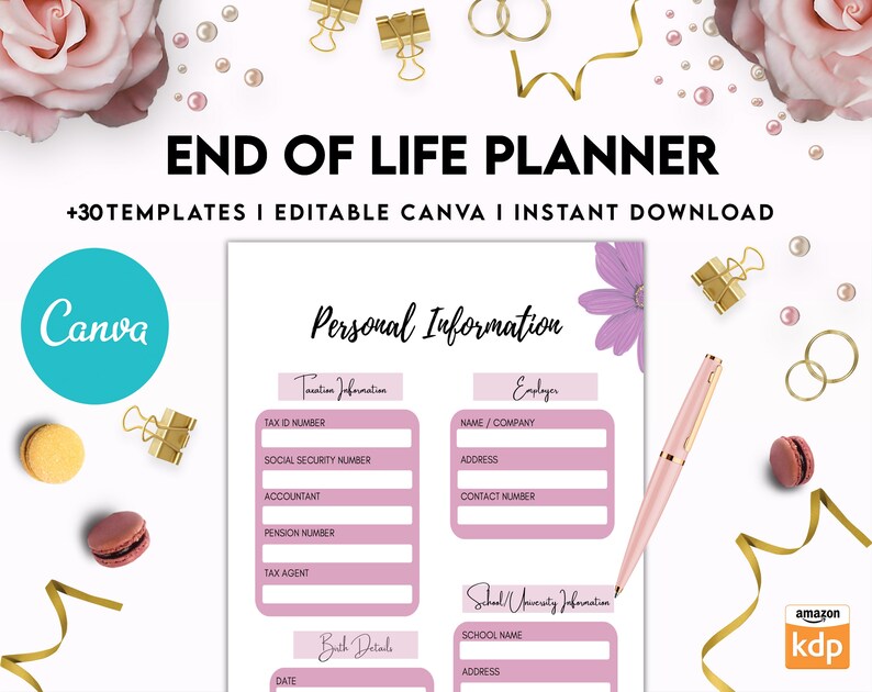 Puede incluir: Un planificador de fin de vida imprimible rosa y blanco con un dise&ntilde;o floral. El planificador incluye secciones para informaci&oacute;n personal, informaci&oacute;n fiscal, informaci&oacute;n del empleador, informaci&oacute;n escolar y detalles de nacimiento. El planificador es editable en Canva e incluye 30 plantillas.
