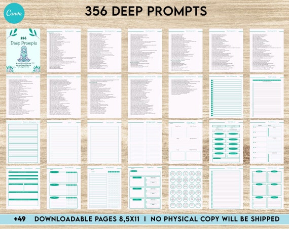 365 Prompts Journal, Mental Health Journal, Self Care Journal, Writing Prompts,  Canva Editable Templates, Kdp interior, binder journal