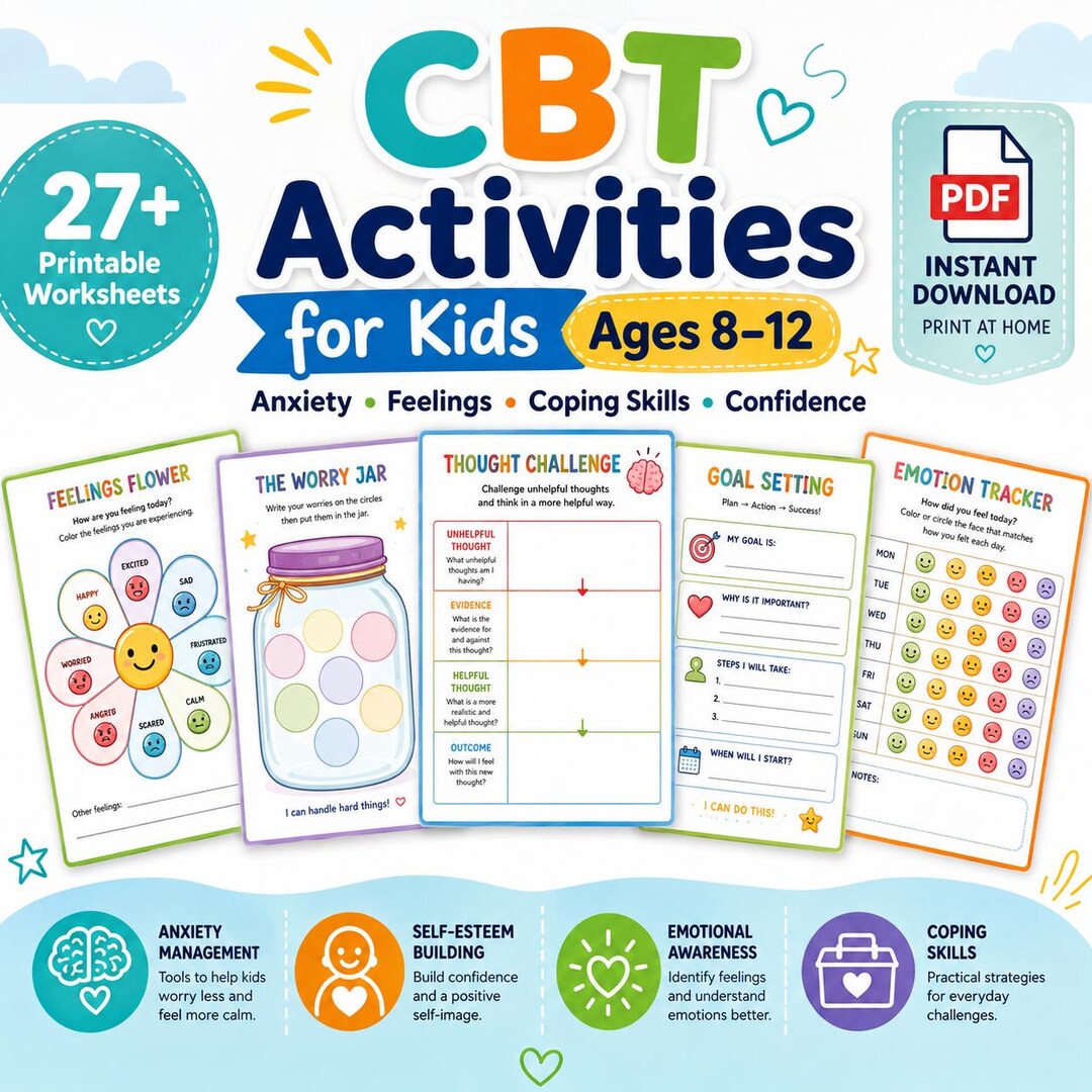 CBT Activities for Kids Ages 8-12 CBT Worksheets, Anxiety Relief