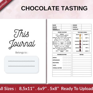 Diário de degustação de CHOCOLATE 120 páginas pronto para upload PDF usado como rastreador do planejador de baixo conteúdo ou livro de registro KDP, tamanho 6x9 8,5x11 5x8 comercial