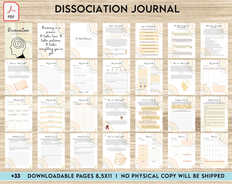 K&ouml;nnte beinhalten: Ein druckbares Dissoziations-Tagebuch mit 33 Seiten, mit einem farbenfrohen Regenbogen-Design und dem Text "Dissociation Journal".