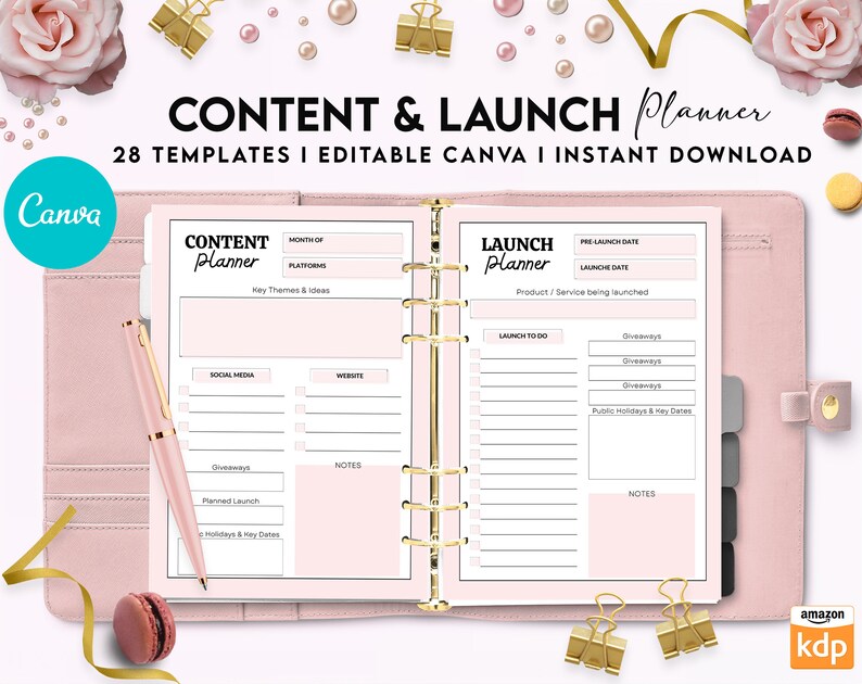 May include: A pink planner binder containing open pages with Content Planner and Launch Planner templates. The pages feature sections for dates, platforms, themes, and checklists. A matching pink pen rests on the left page, and gold binder clips are placed around the planner.