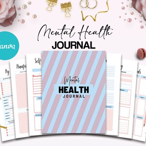 May include: A pink and blue striped journal cover with the text "Mental Health Journal". The journal is designed for self-reflection and includes pages for journaling, goal setting, and affirmations.