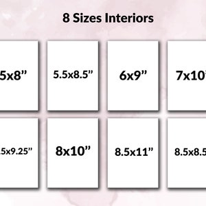 May include: A chart showing eight different sizes of interiors, with measurements in inches. The sizes are 5x8, 5.5x8.5, 6x9, 7x10, 7.5x9.25, 8x10, 8.5x11, and 8.5x8.5.