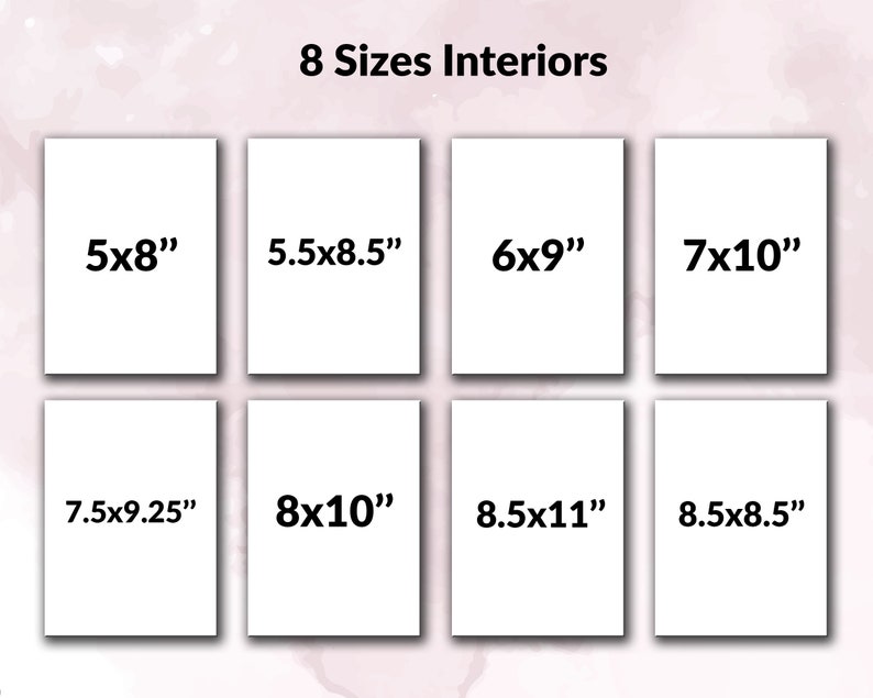 May include: A chart showing eight different sizes of interiors, with measurements in inches. The sizes are 5x8, 5.5x8.5, 6x9, 7x10, 7.5x9.25, 8x10, 8.5x11, and 8.5x8.5.