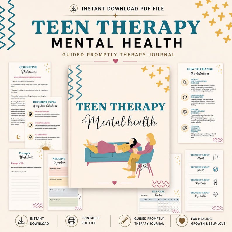 Pu&ograve; includere: Un diario di terapia guidato per la salute mentale degli adolescenti in formato PDF digitale, con un'illustrazione di copertina di due persone su un divano. Il set include diversi fogli di lavoro stampabili con sezioni per il monitoraggio dei pensieri.