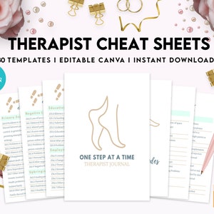 May include: A set of printable therapist cheat sheets with 30 templates. The cheat sheets are designed to be edited in Canva and are available for instant download. The image shows a pink and white background with a few pink roses and gold paper clips. The cheat sheets are titled "Therapist Cheat Sheets" and "One Step at a Time Therapist Journal".