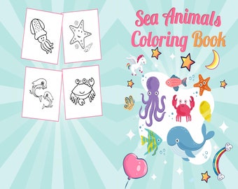 Sea Animals Coloring book for kids, 8,5x11 Printable PDF file kids Cute Coloring pages for Boys and Girls ages 2-4 4-8 8-52