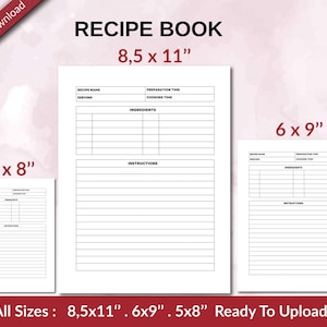 RECIPE Book 120 pages Ready to Upload PDF used as Low Content Planner tracker or Log Book KDP, Size 6x9 8.5x11 5x8 Commercial Use