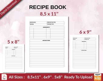 RECIPE Book 120 pages Ready to Upload PDF used as Low Content Planner tracker or Log Book KDP, Size 6x9 8.5x11 5x8 Commercial Use