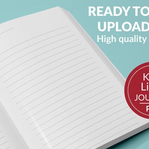 Puede incluir: Un diario blanco con l&iacute;neas y un c&iacute;rculo rojo que dice "KDP Lined Journal PDF" y un fondo azul con el texto "READY TO UPLOAD amazon kdp Impresi&oacute;n de alta calidad".