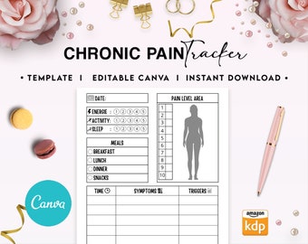 Chronic pain Logbook Tracker Journal 6x9" Canva Editable Template, Canva KDP Kids editable interior digital and printable,