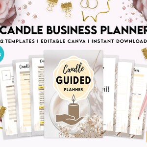 May include: A digital planner for candle businesses with 32 templates. The cover features a candle in a glass jar with a hand holding it. The text "Candle Guided Planner" is in a circle with a yellow background. The planner is editable in Canva and can be downloaded instantly.