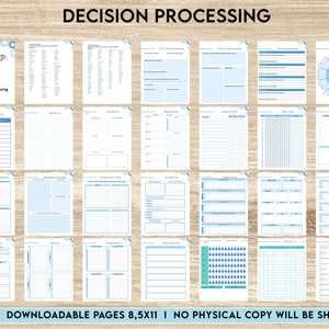 May include: A printable decision processing planner with 25 pages. The planner has a blue and white color scheme and includes various templates for goal setting, decision tracking, and reflection.