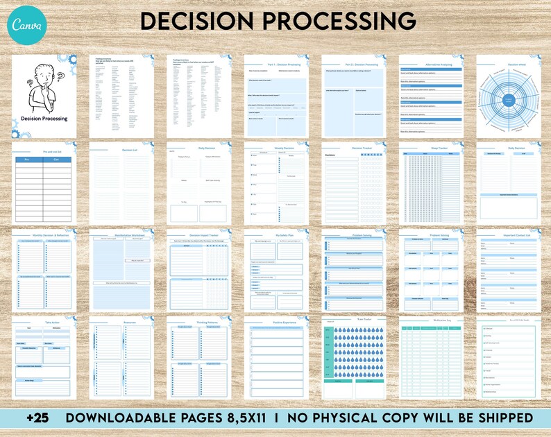 May include: A printable decision processing planner with 25 pages. The planner has a blue and white color scheme and includes various templates for goal setting, decision tracking, and reflection.
