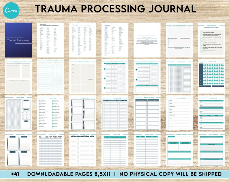 May include: A digital Trauma Processing Journal featuring a dark blue cover and 41 printable pages in 8.5x11 inch format. The layout includes various trackers, logs, and worksheets with teal and dark blue accents for organizing mental health notes.