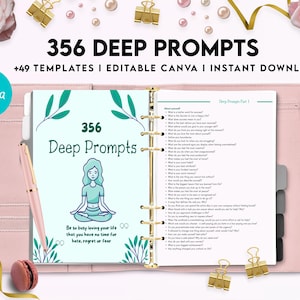 May include: A pink planner with gold rings and a white page with the text "356 Deep Prompts" and a cartoon illustration of a woman meditating. The planner is surrounded by pink and white decorative elements.