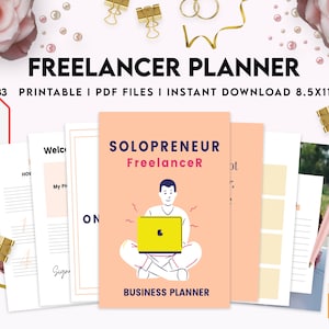 Könnte beinhalten: Ein rosa-weißer druckbarer Planer für Freiberufler mit dem Text "Solopreneur Freelancer Business Planner" und "+33 druckbare PDF-Dateien | Sofortiger Download 8,5x11" auf dem Cover.