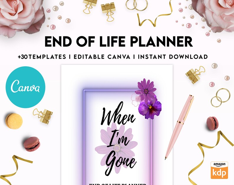 Puede incluir: Planificador de Fin de Vida Plantilla Canva con m&aacute;s de 30 plantillas. La portada presenta un fondo morado con flores y el texto "When I'm Gone".