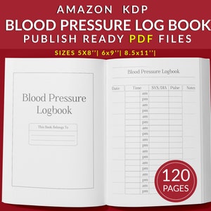 May include: A white blood pressure log book with a black cover and a title that reads "Blood Pressure Logbook". The book has 120 pages and is available in three sizes: 5x8 inches, 6x9 inches, and 8.5x11 inches.