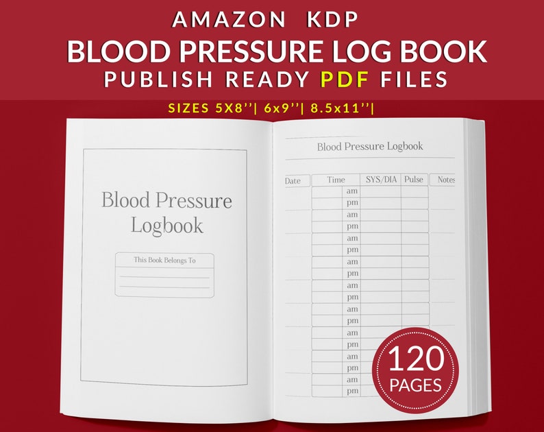 May include: A white blood pressure log book with a black cover and a title that reads "Blood Pressure Logbook". The book has 120 pages and is available in three sizes: 5x8 inches, 6x9 inches, and 8.5x11 inches.