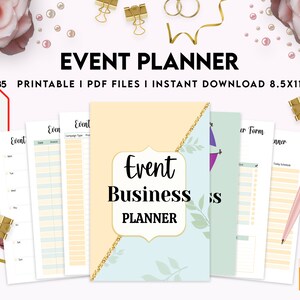 May include: An event planner with the text "Event Business Planner" on the cover. The planner includes printable PDF files and is 8.5x11 inches. The image also shows a pen, binder clips, and decorative elements.