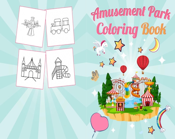 Amusement Park Coloring Book for kids, 8,5x11 Printable PDF file kids Cute  Coloring pages for Boys and Girls ages 2-4 4-8 8-12