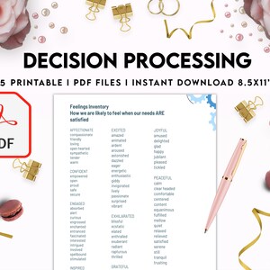 May include: A printable PDF worksheet with the title "Decision Processing" and a list of feelings categorized by how they make you feel when your needs are satisfied. The worksheet is designed to help you understand your emotions and make better decisions.