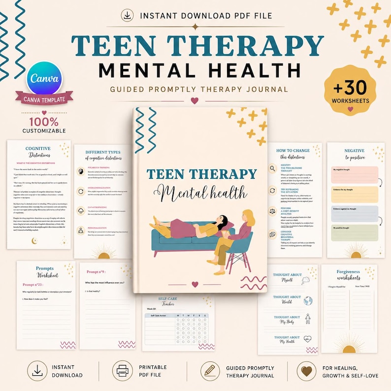 Teen Mental Health, teen therapy journal , teen coping skills, teen Shadow Work, Teen CBT worksheet, Editable Canva templates image 1