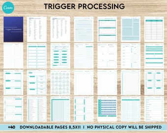 Trigger Processing journal, Thought Processing for daily self care, mental health, emotion list with breakdown worksheets, Canva Editable